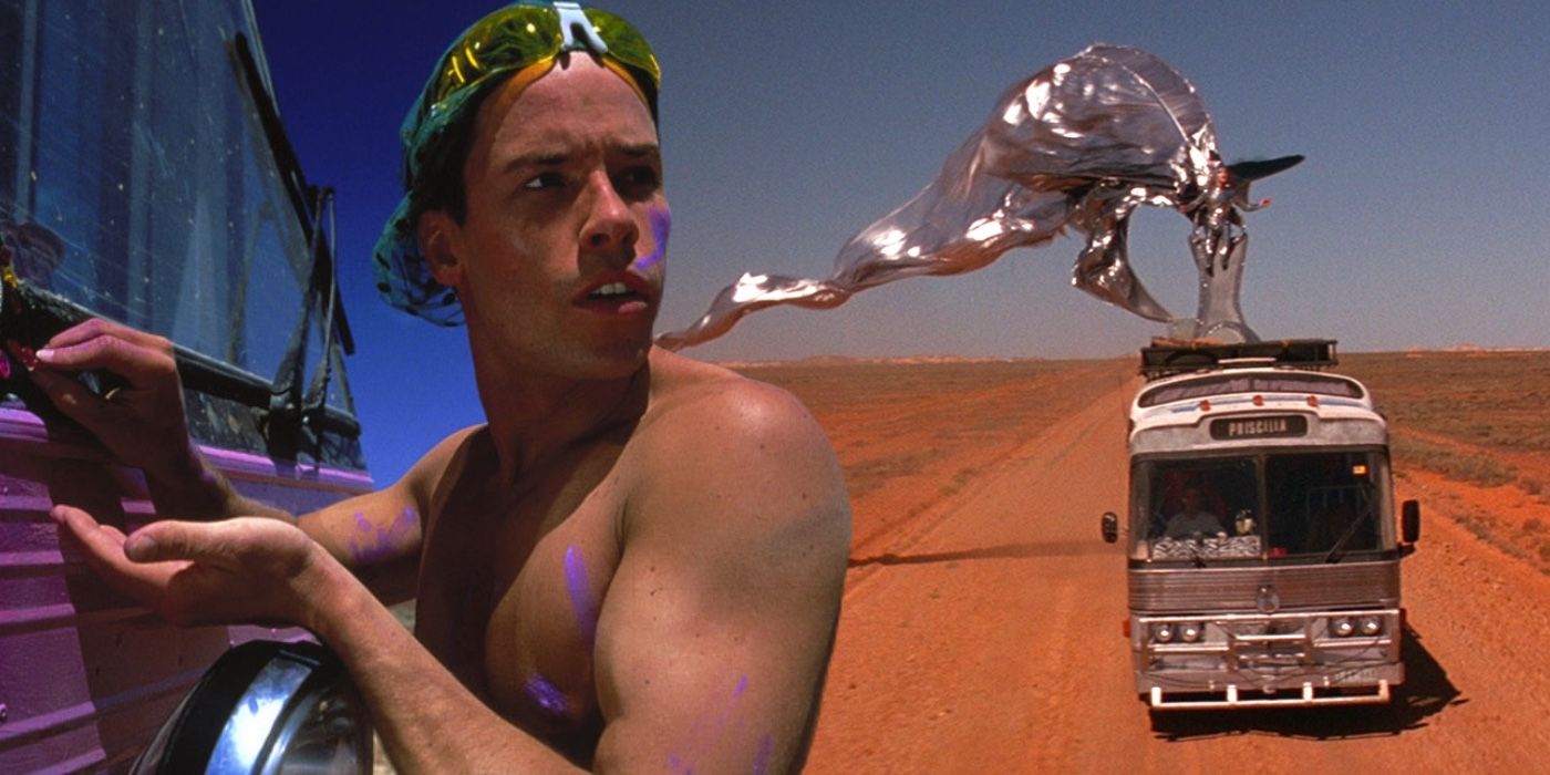 A composite image of Guy Pearce painting Priscilla with a performer wearing a flowing silver dress which blows in the wind from Priscilla, Queen of the Desert