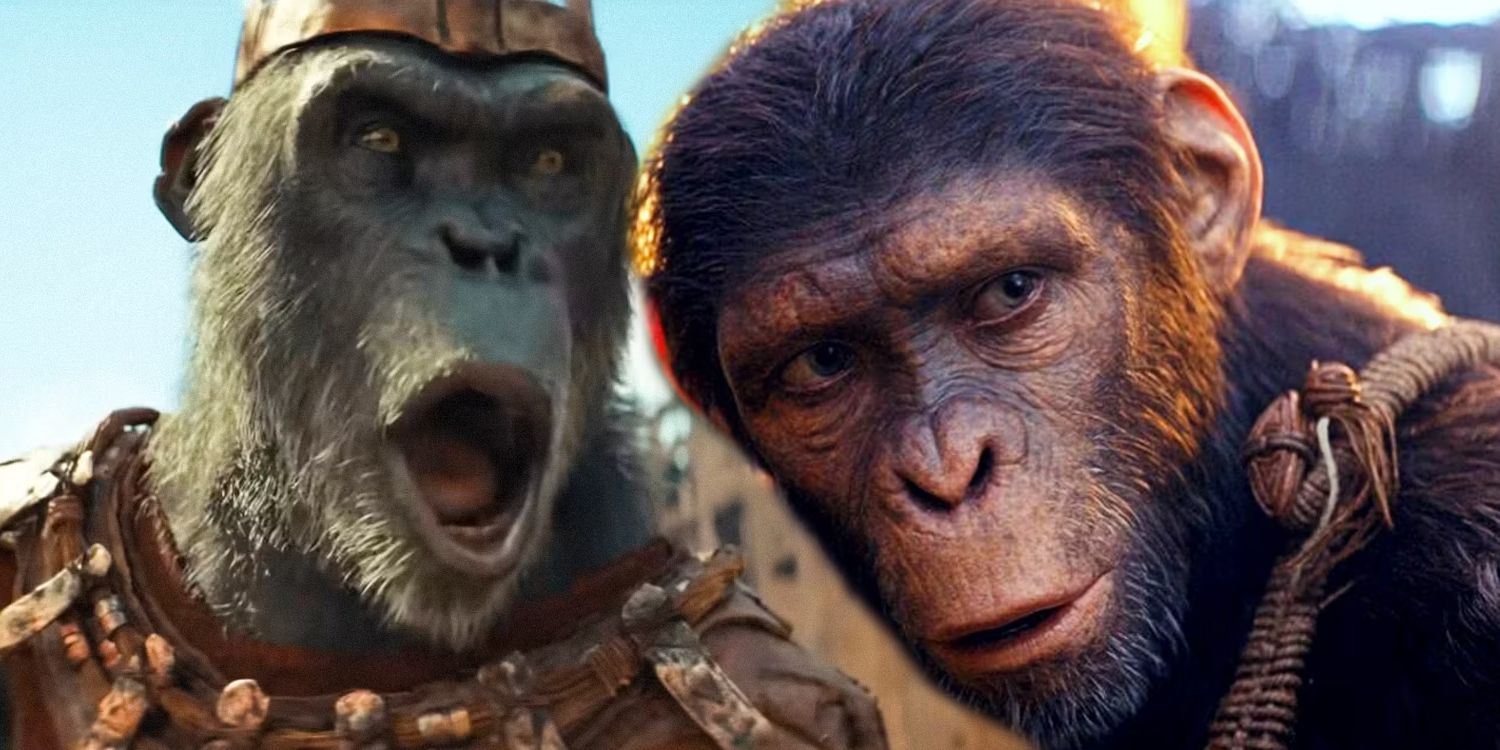 Proximus Caesar shouting next to Noa looking over his shoulder in Kingdom of the Planet of the Apes