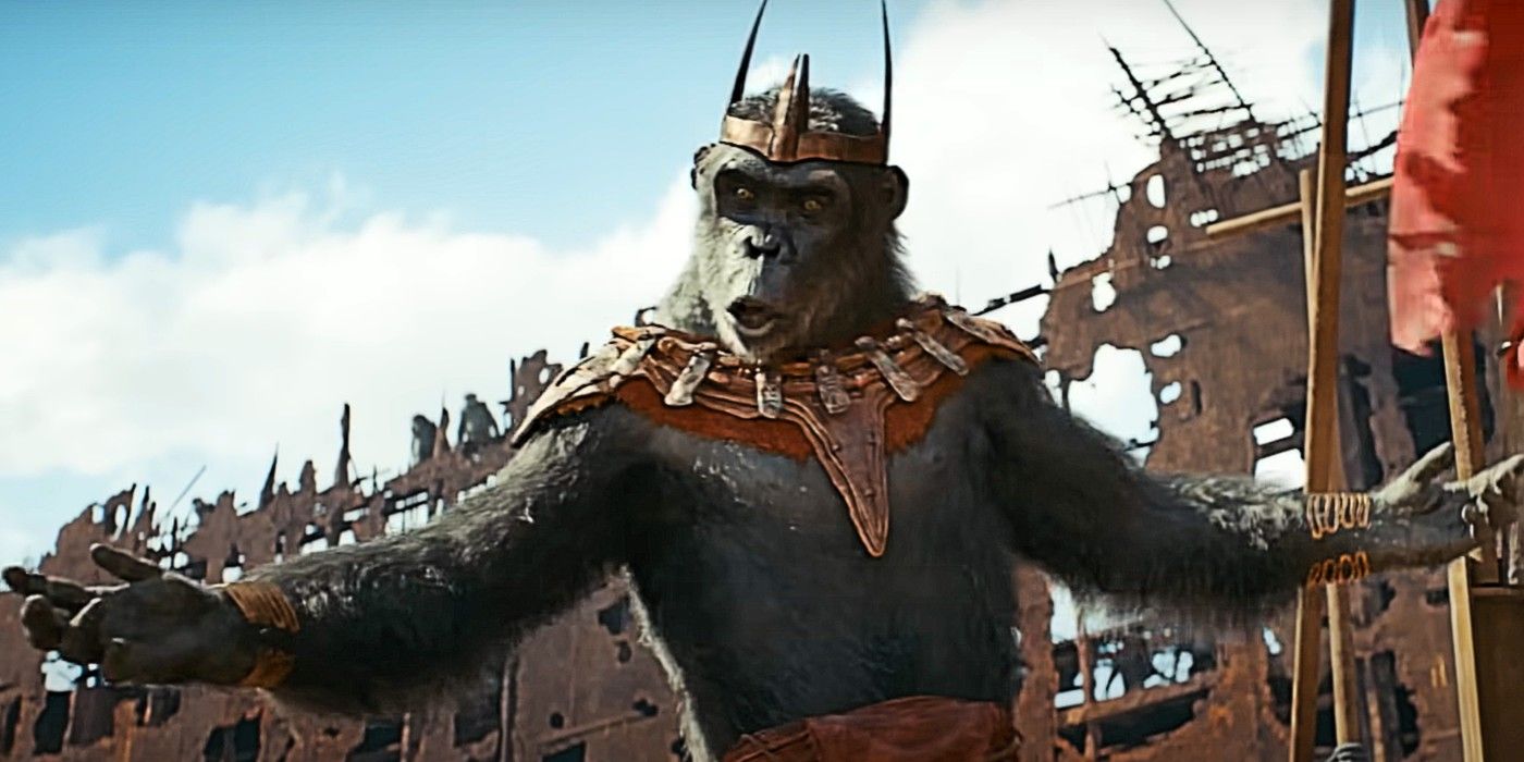 Proximus Caesar com os braços abertos na miniatura de um clipe do Reino do Planeta dos Macacos