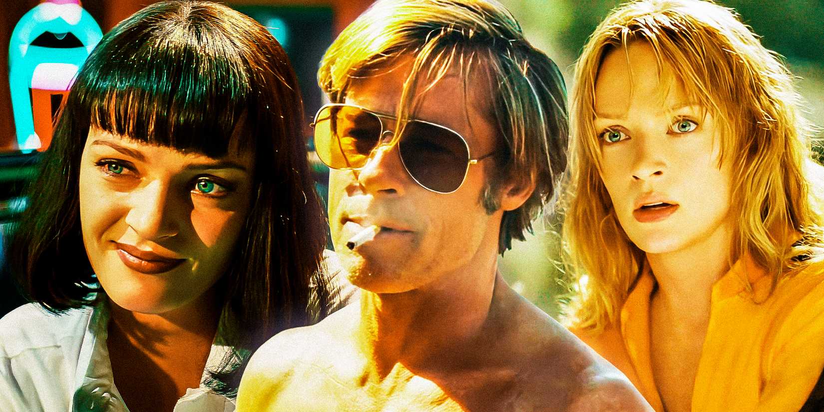 Pulp Fiction Mia Wallace next to Once Upon a Time in Hollywood Cliff Booth and Kill Bill Beatrix The Bride