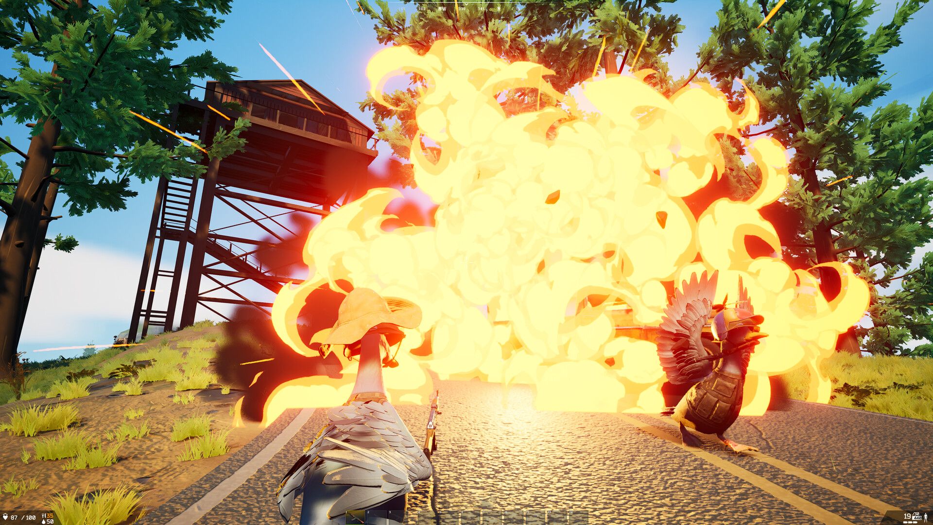 A screenshot from Duckside, a white duck in a brown bucket hat watches a large explosion while another duck wearing a bullet proof vest and a green military cap run from the fire with its wings up.