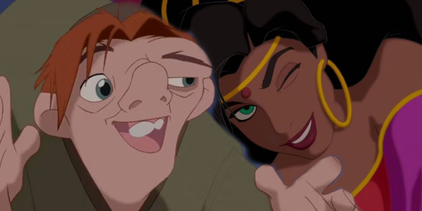 Quasimodo smiling and Esmerelda winking in The Hunchback of Notre Dame