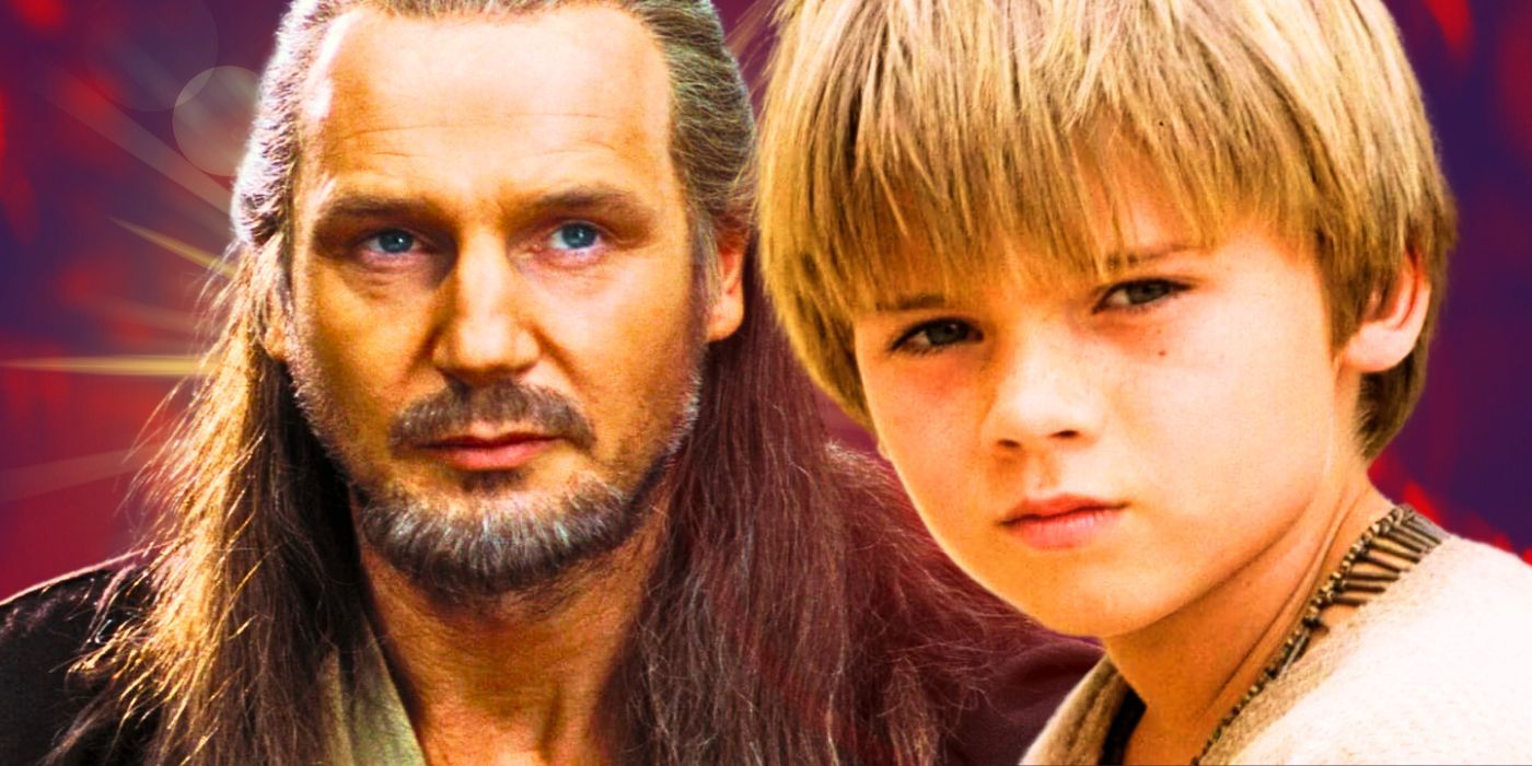 Liam Neeson como Qui-Gon Jinn na Ameaça Fantasma à esquerda e Jake Lloyd como Anakin Skywalker na Ameaça Fantasma à direita em uma imagem combinada