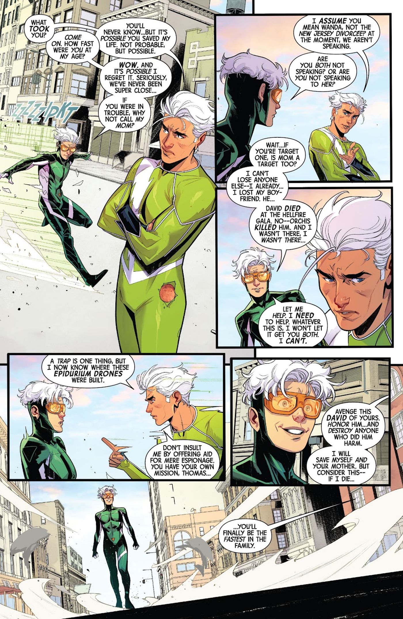 Speed catches up to Quicksilver and they converse before Quicksilver runs off panel. 
