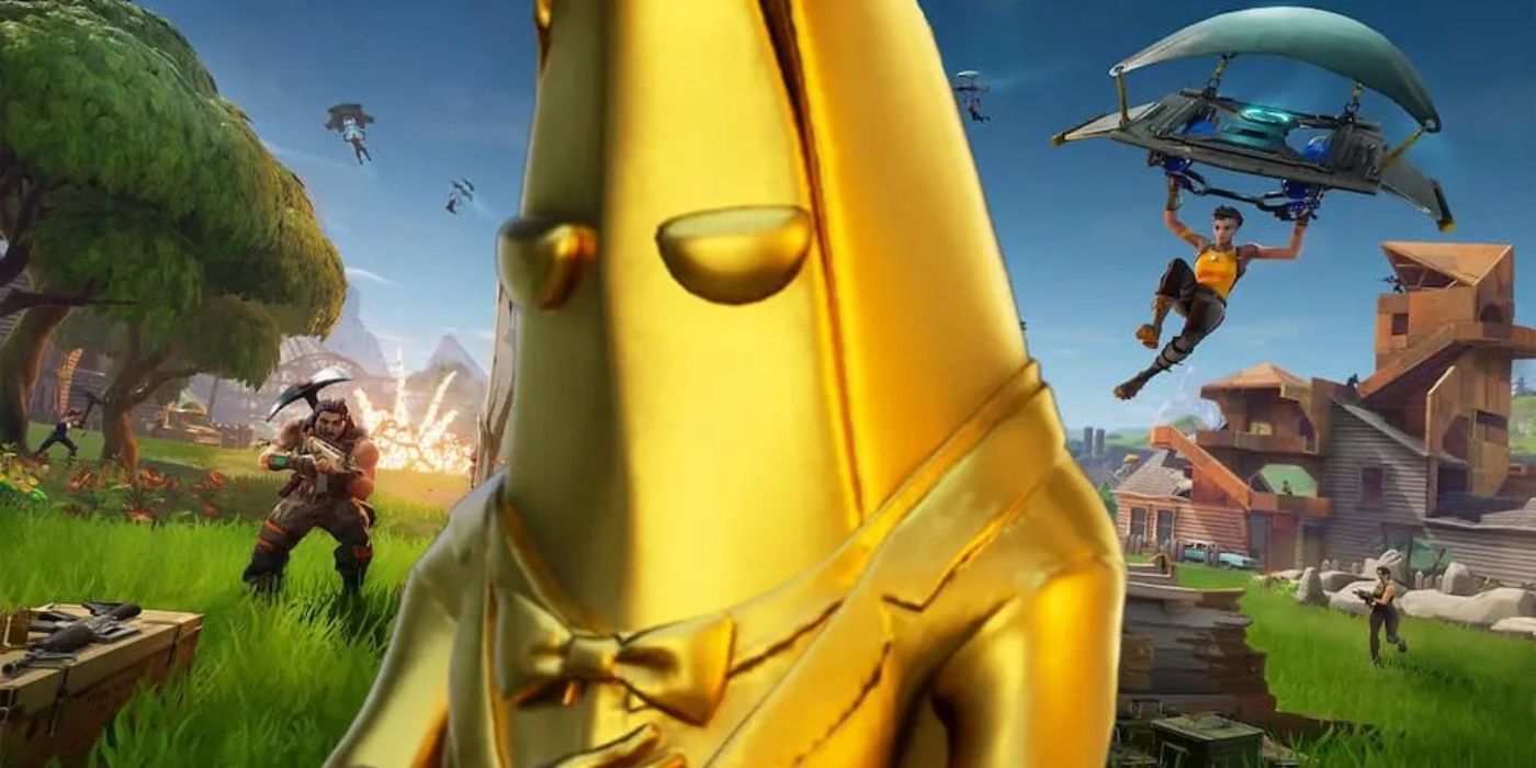 Gold Agent Peely with other characters behind it in Fortnite