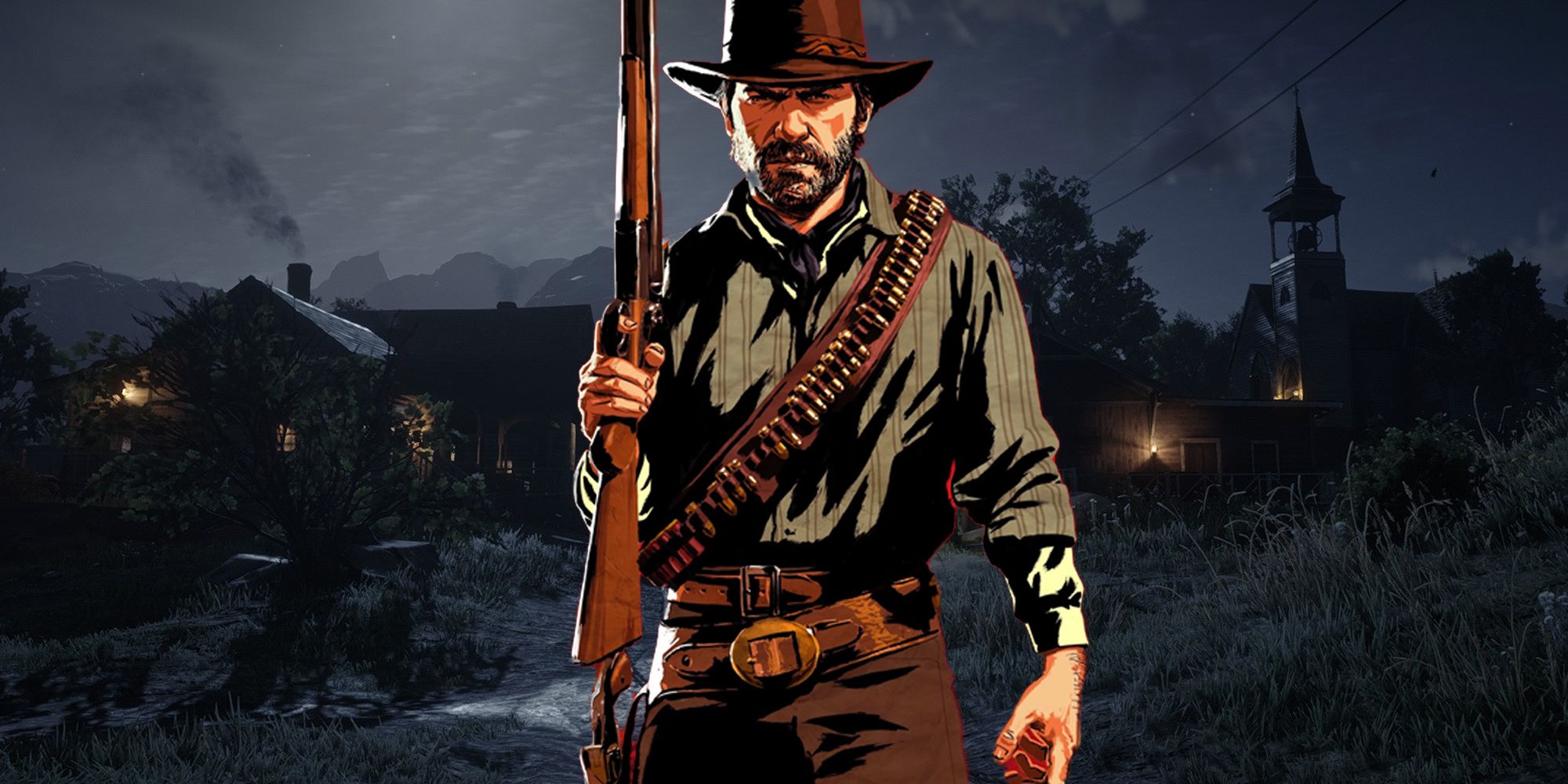 Arthur Morgan standing in front of Valentine at night