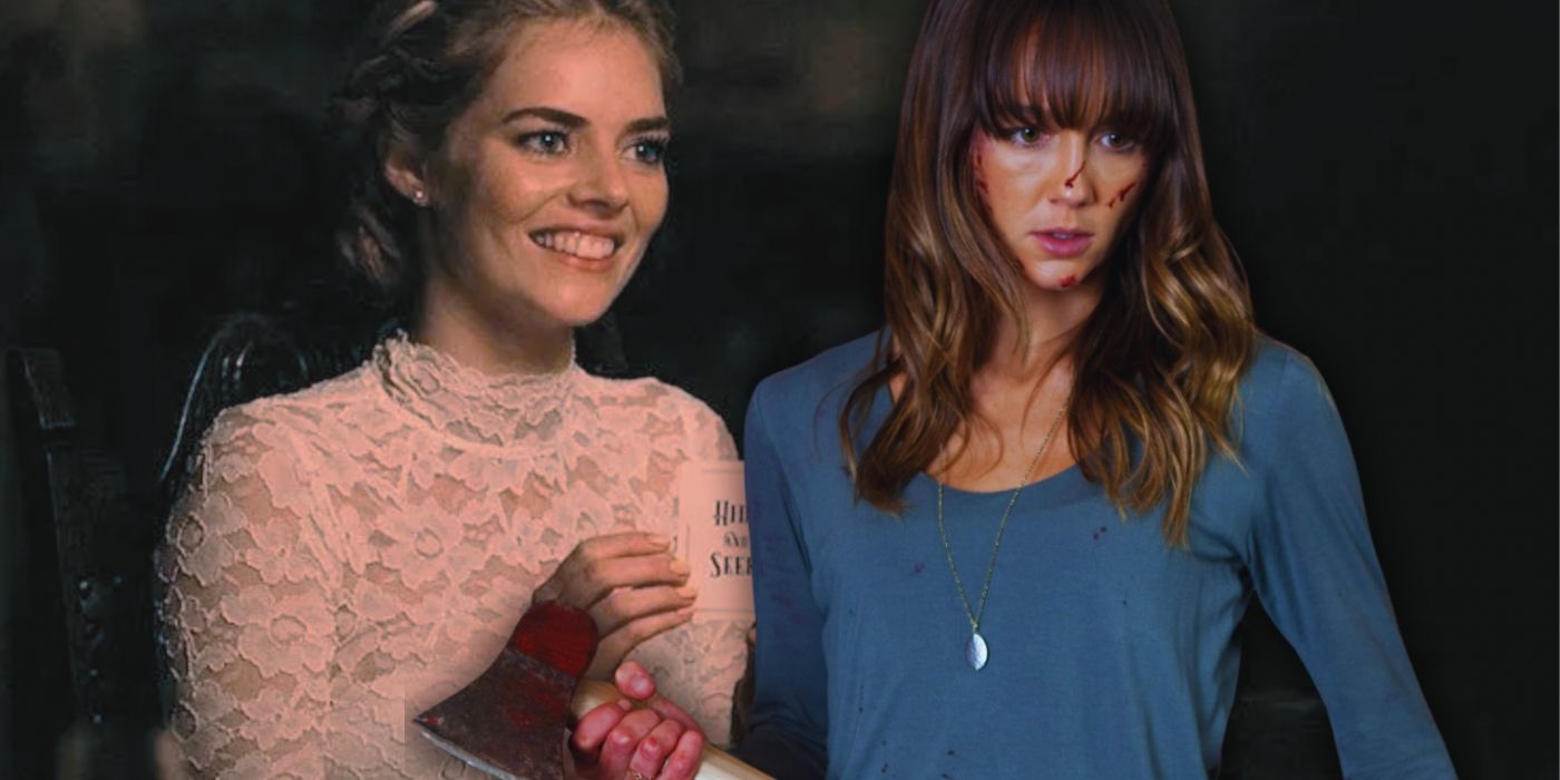 A composite image features Samara Weaving holding up a card in Ready or Not and Sharni Vinson holding an axe in You're Next
