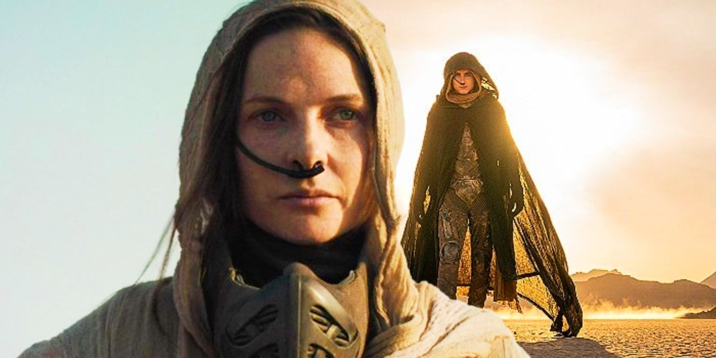 Rebecca Ferguson as Lady Jessica in Dune juxtaposed with Timothée Chalamet as Paul Atreides in Dune 2