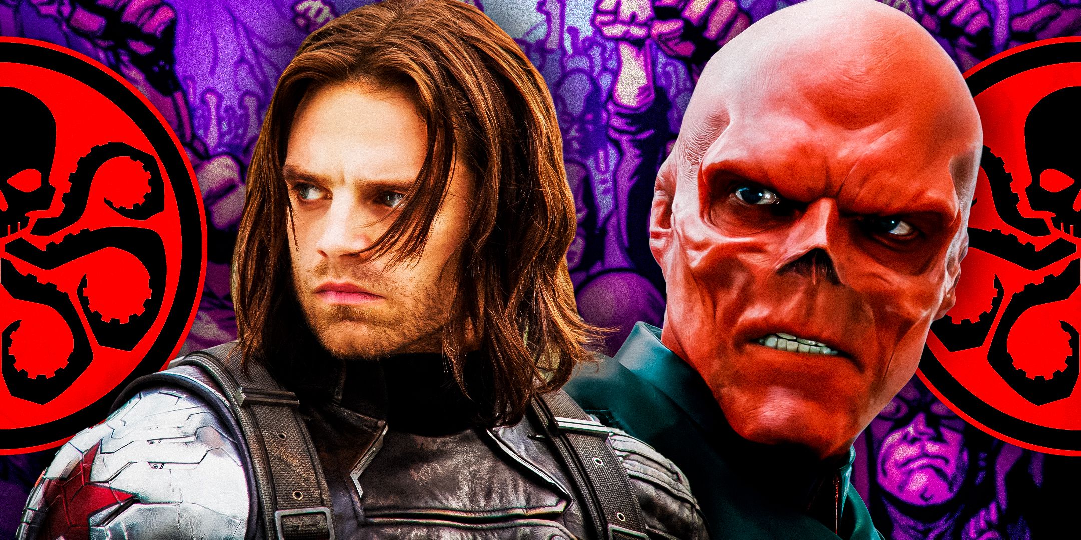 Bucky Barnes, aka the Winter Soldier, and Red Skull in front of Hydra imagery in the MCU