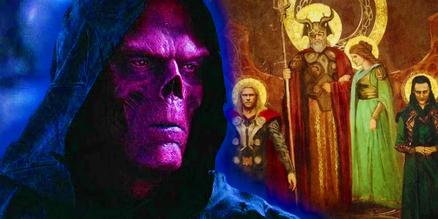 Red Skull in Avengers Infinity War with the Asgardian Royals in a mural