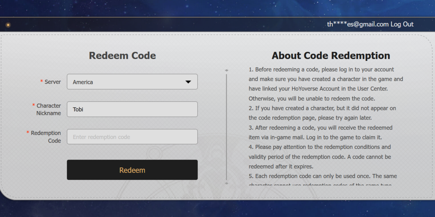 Tela de resgate de códigos no site Honkai Star Rail