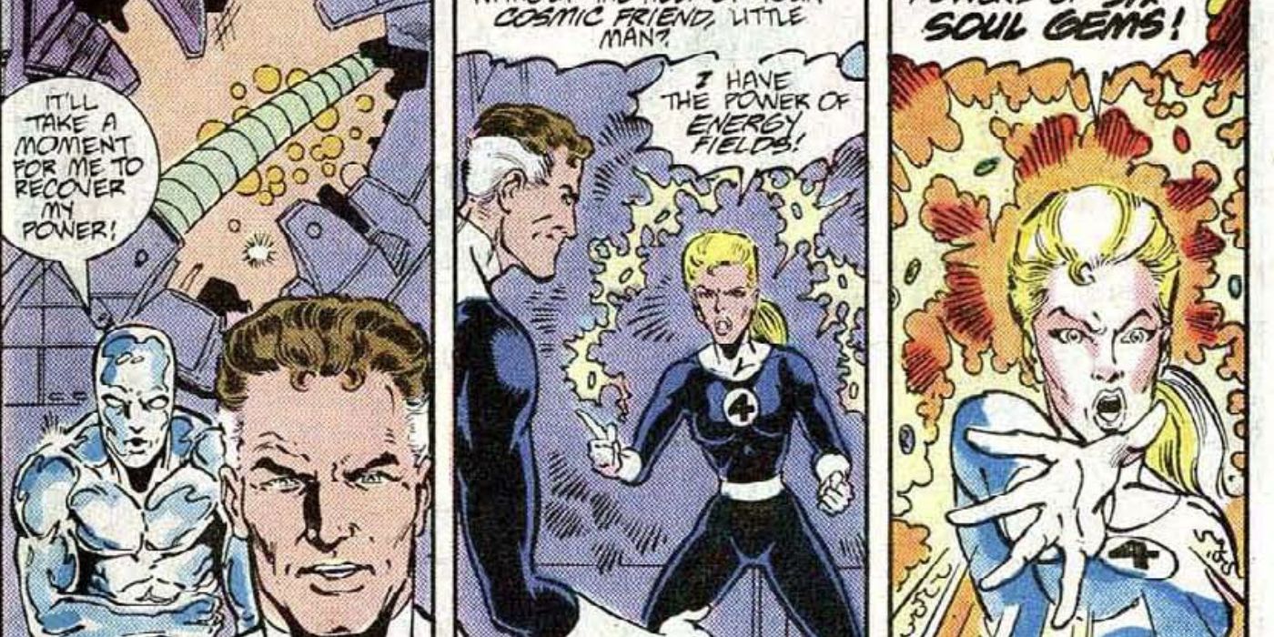 Reed Richards and Silver Surfer fight possessed Sue Storm and the Soul gems