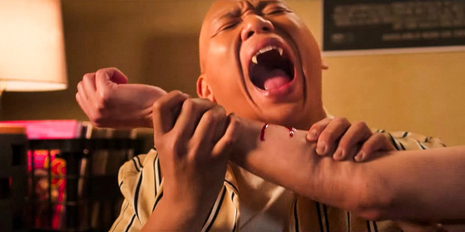 Reginald Baskin drinks blood from a person's arm in Reginald the Vampire Season 2 trailer