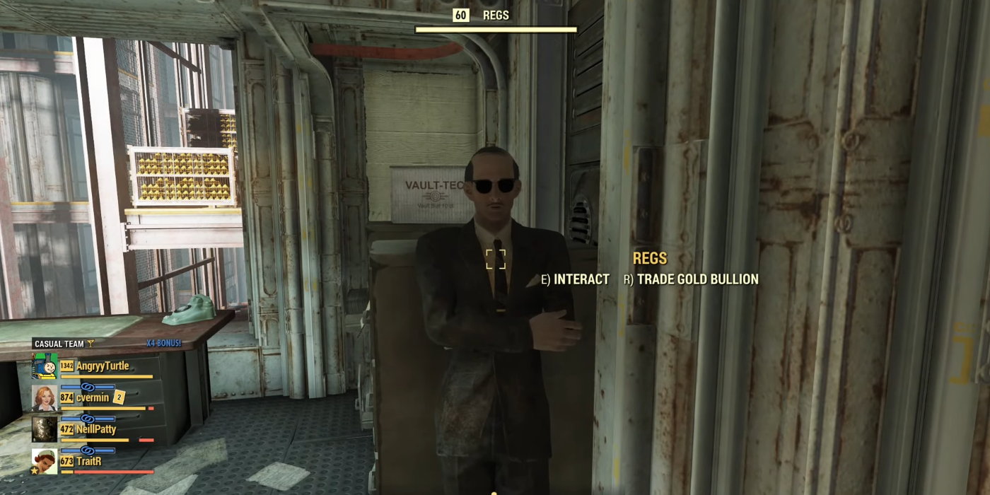 Jogador interagindo com Regs, um fornecedor no Fallout 76.