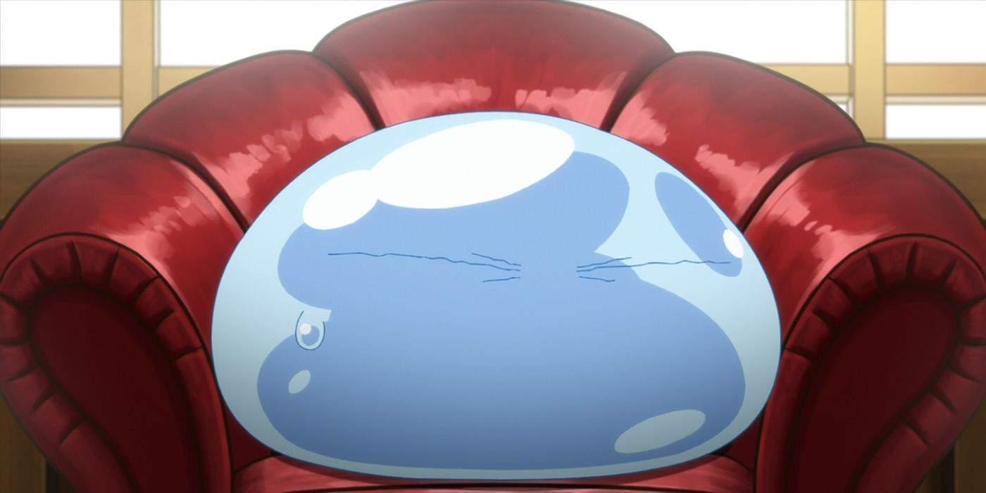 Reincarnated as a slime: Rimuru in a big chair looking nervous