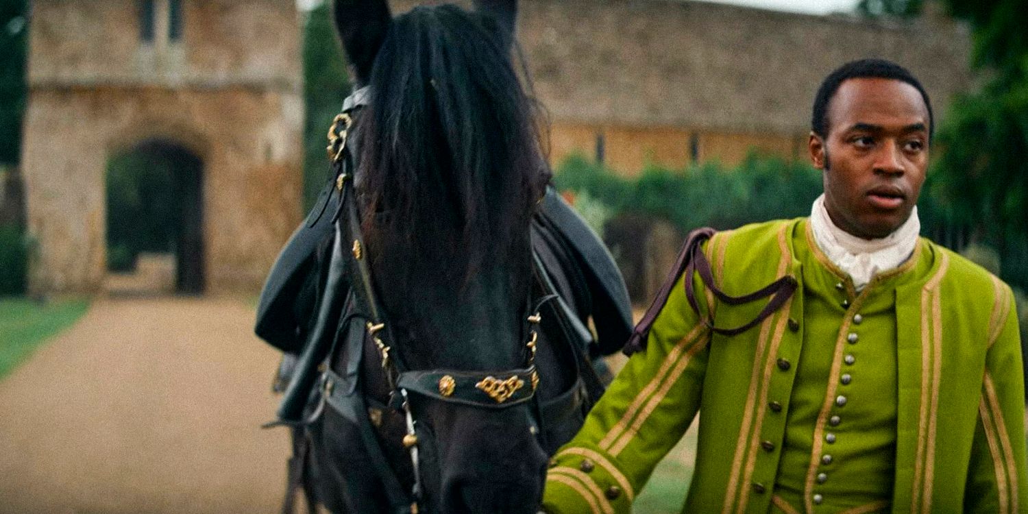 Rasselas (Enyi Okoronkwo) puxando as rédeas de um cavalo na 1ª temporada de Renegade Nell 