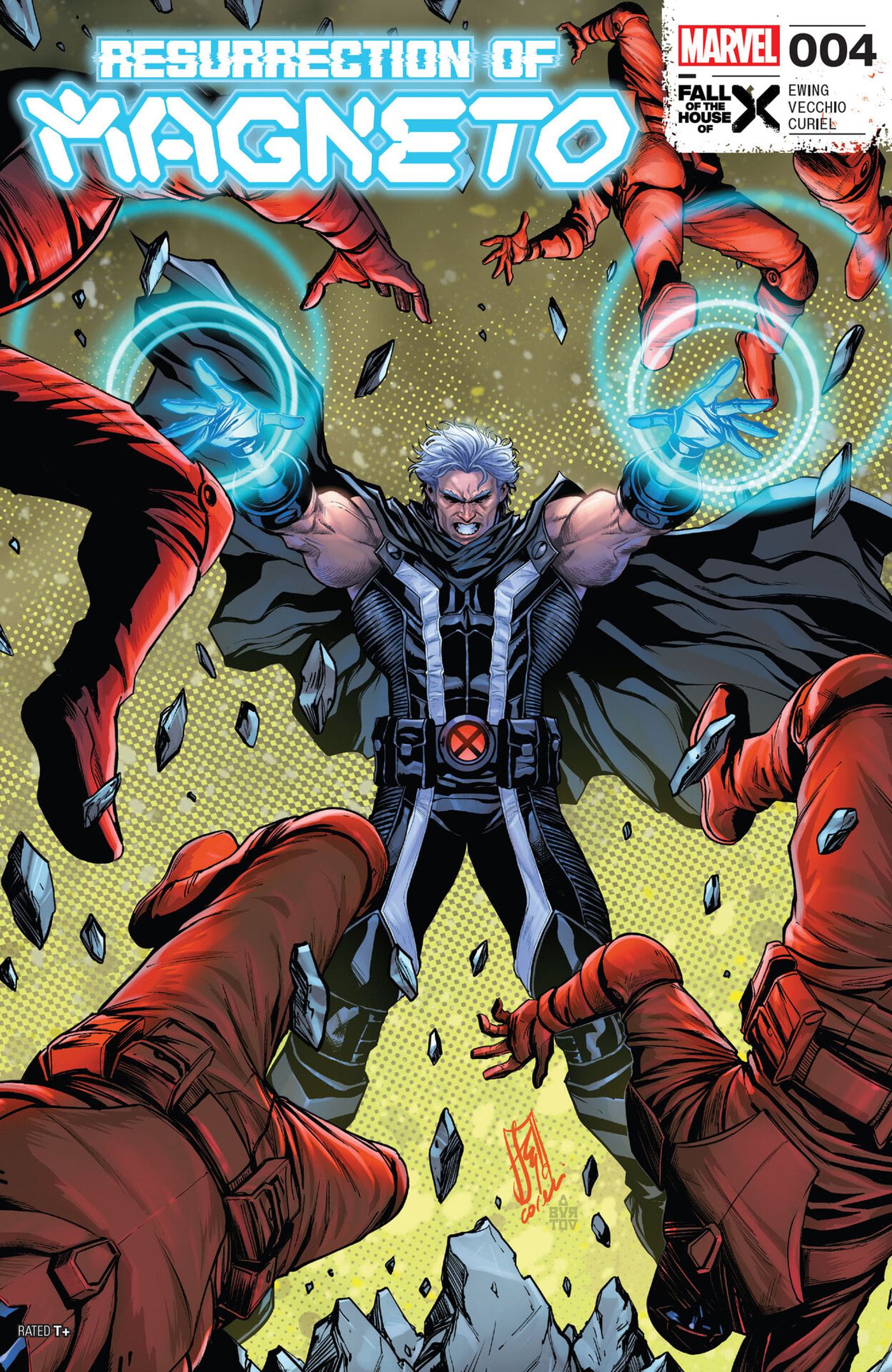 Na capa da Ressurreição de Magneto # 4, Magneto faz com que os corpos dos soldados de Orchi voem para fora do painel. 