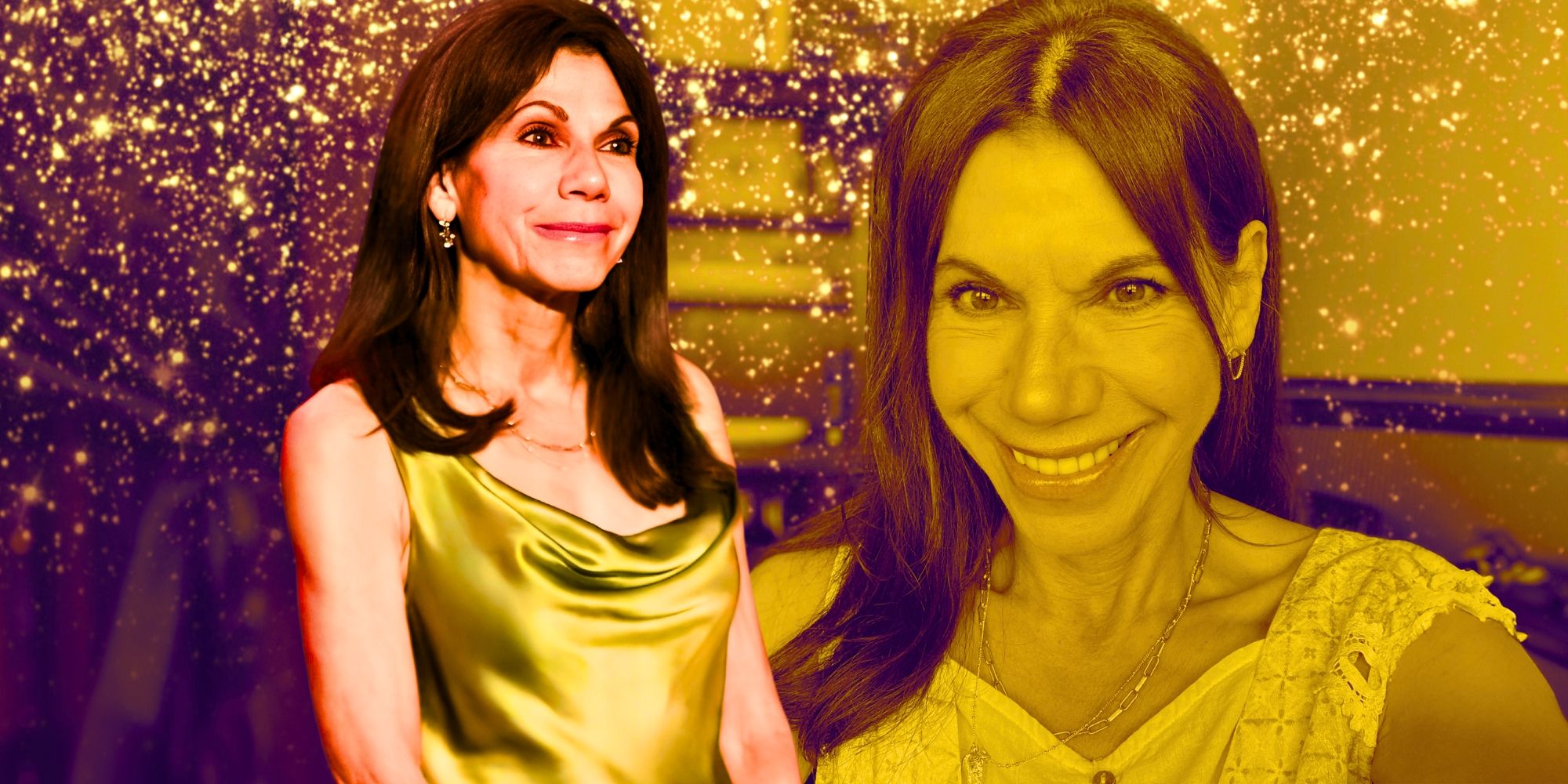 images of Theresa Nist smiling with golden background from The Golden Bachelor