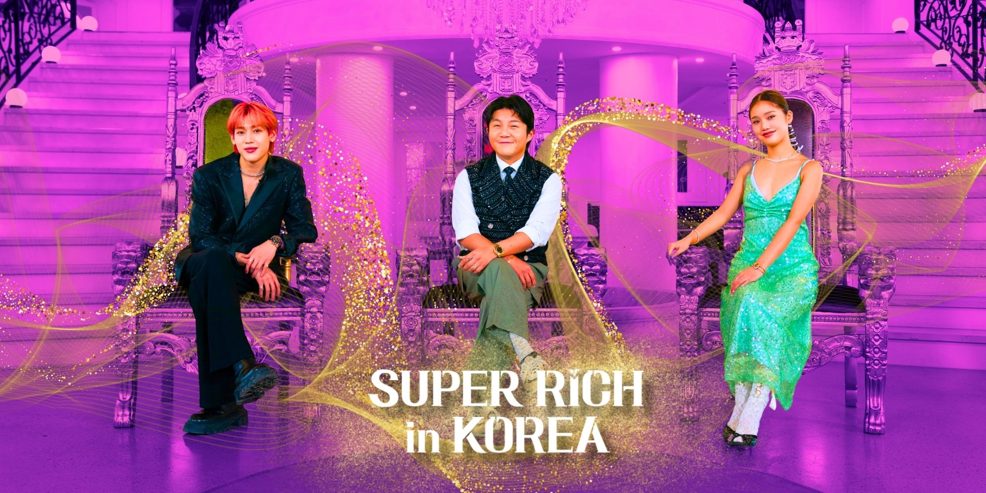 Super Rich In Korea BamBam, Cho Sae Ho, Mimi sitting in chairs in front of elaborate background