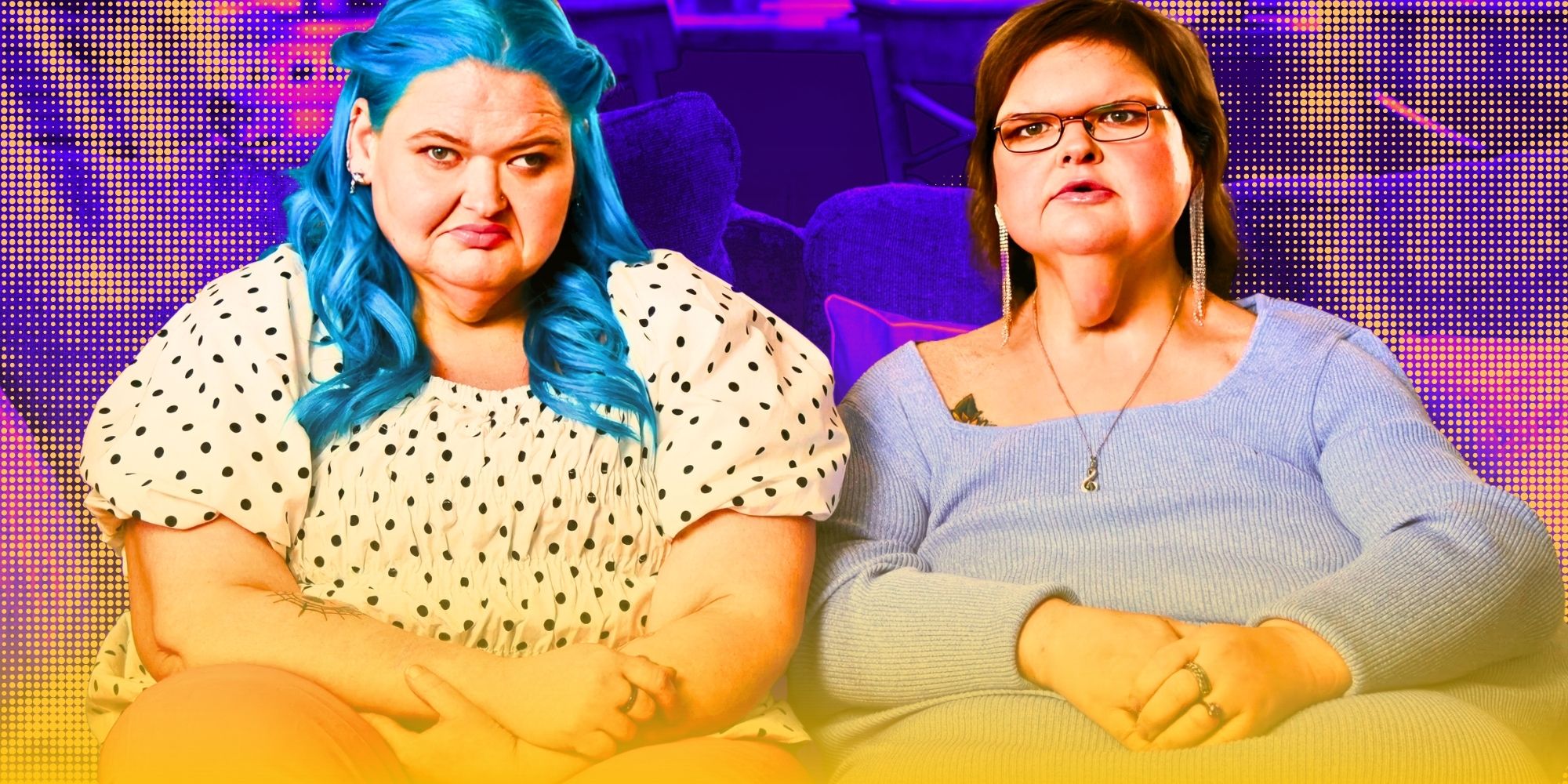 1000-Lb Sisters' stars Amy and Tammy Slaton side by side - Amy with blue hair and Tammy with long earrings.