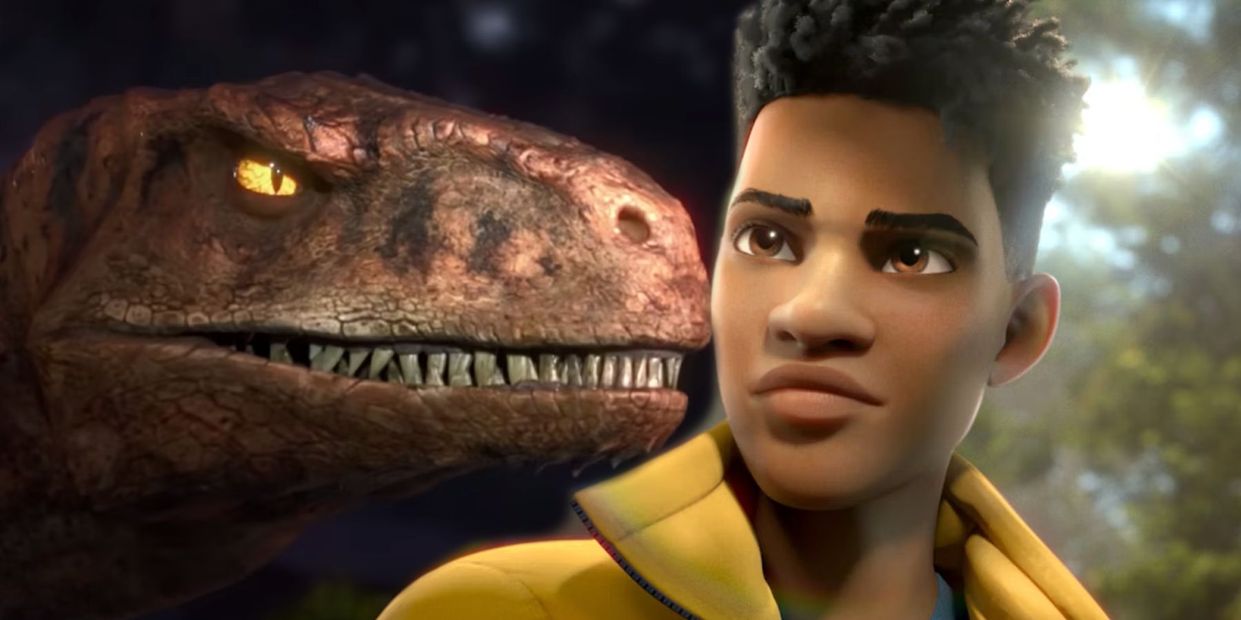 Velociraptor growling next to Darius looking confident in Jurassic World Chaos Theory