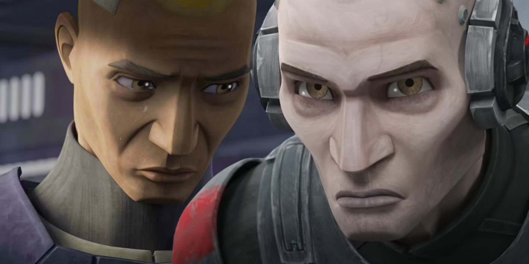 Captain Rex crying at the end of Star Wars: The Clone Wars next to Echo with a determined look on his face in Star Wars: The Bad Batch