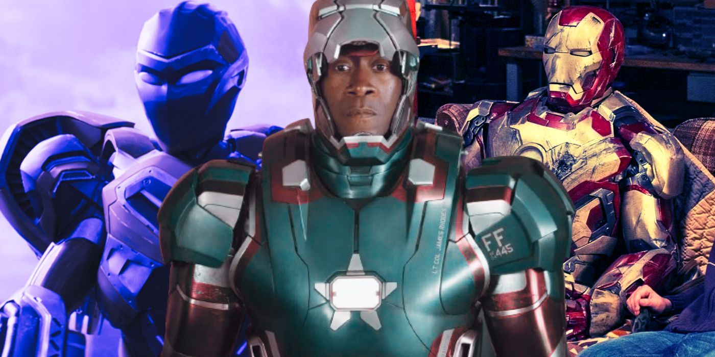 Rhodey wearing Iron Patriot's suit, Ironheart looking sideways, and an Iron Man suit perched on a sofa