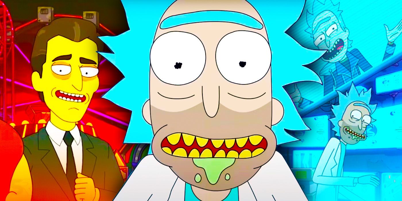 Rick parecendo perturbado ao lado do Carnival Guy na 7ª temporada de Rick e Morty