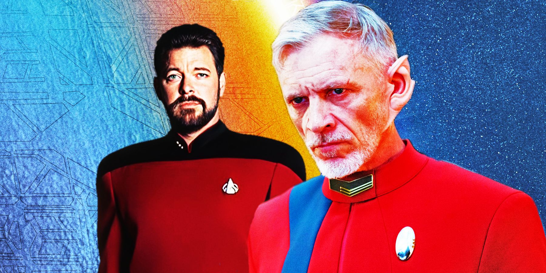 Riker and Rayner standing next to each other against a blue and orange background