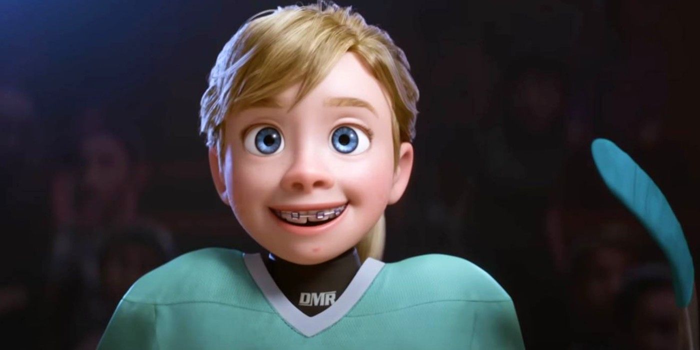 Riley Anderson smiling with braces on during a hockey game in Inside Out 2's trailer