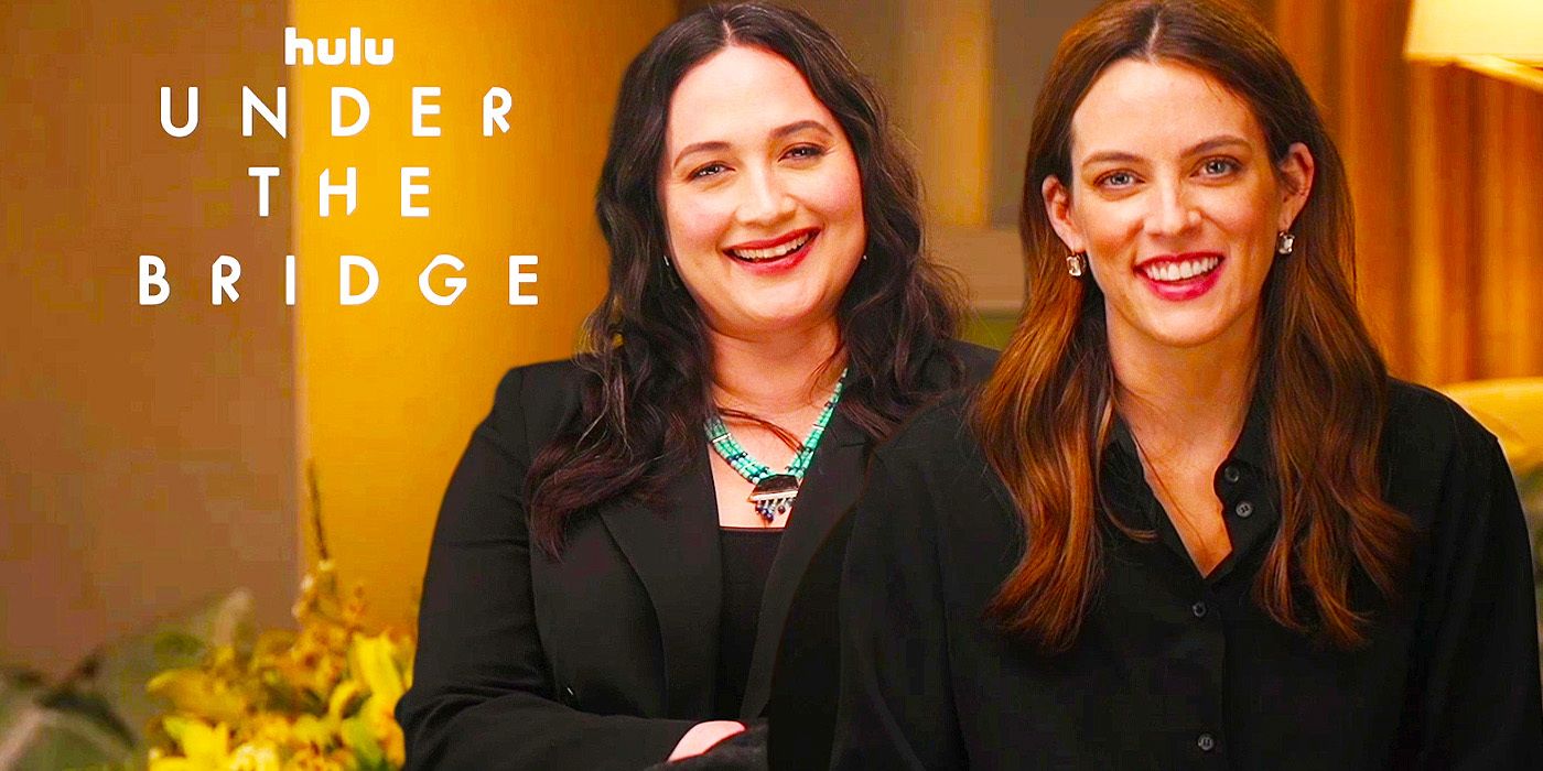Edited image of Riley Keough & Lily Gladstone during Under the Bridge interview