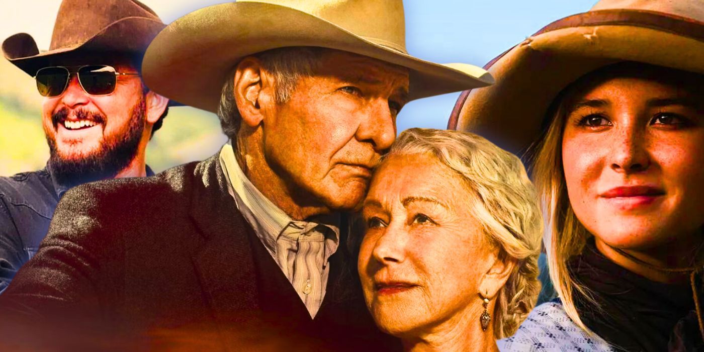 Rip Wheeler (Cole Hauser) from Yellowstone, Harrison Ford and Helen Mirren as Jacob and Cara Dutton from 1923; and Elsa Dutton (Isabel May) in 1883