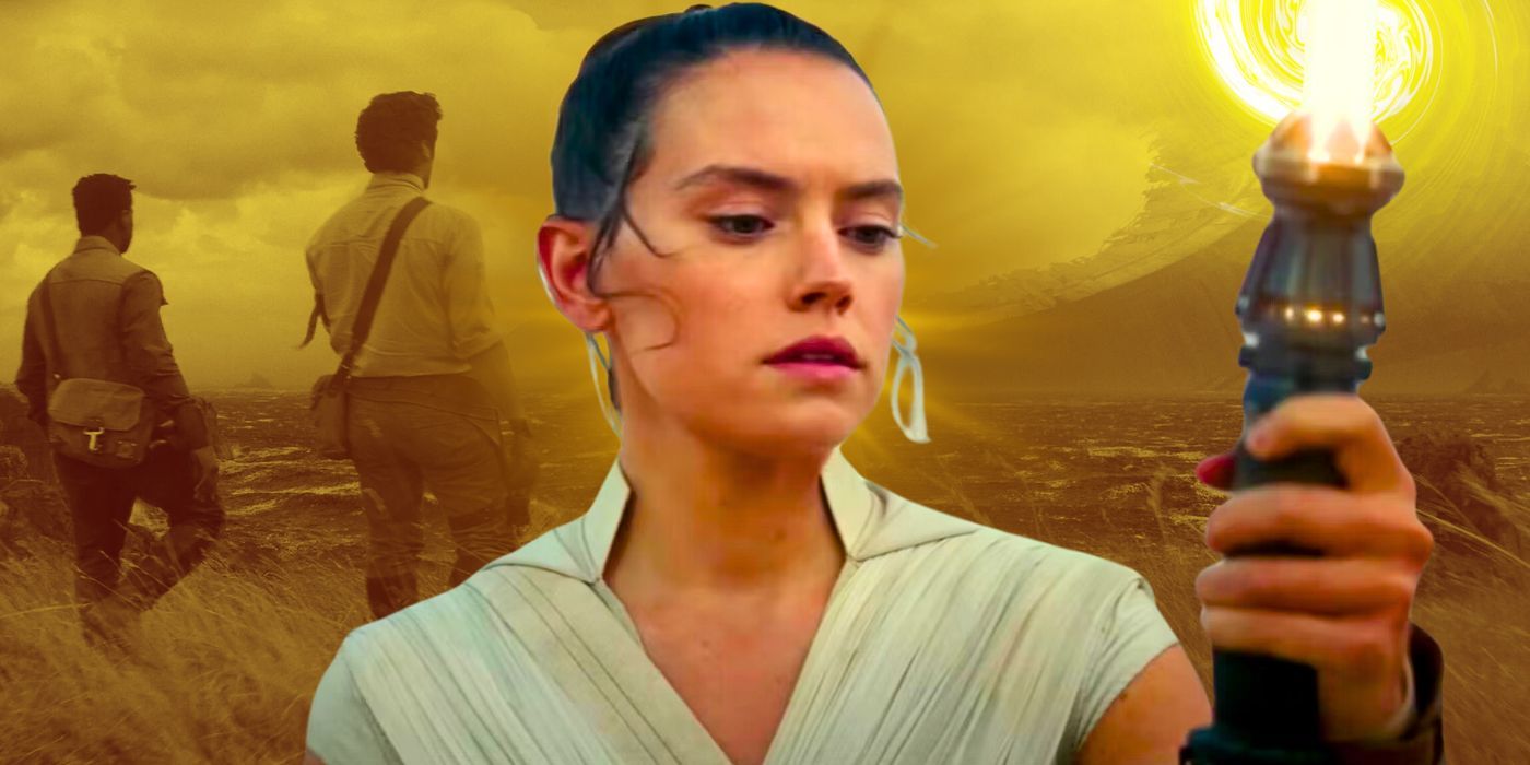 Daisy Ridley as Rey in Star Wars: The Rise of Skywalker, holding her yellow lightsaber. 