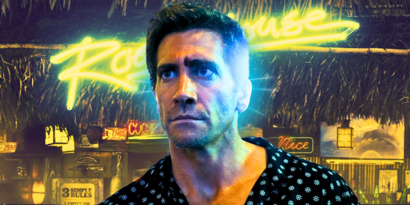 Jake Gyllenhaal as Elwood Dalton in the Road House 2024 remake with the bar of the Road House behind him tinted yellow
