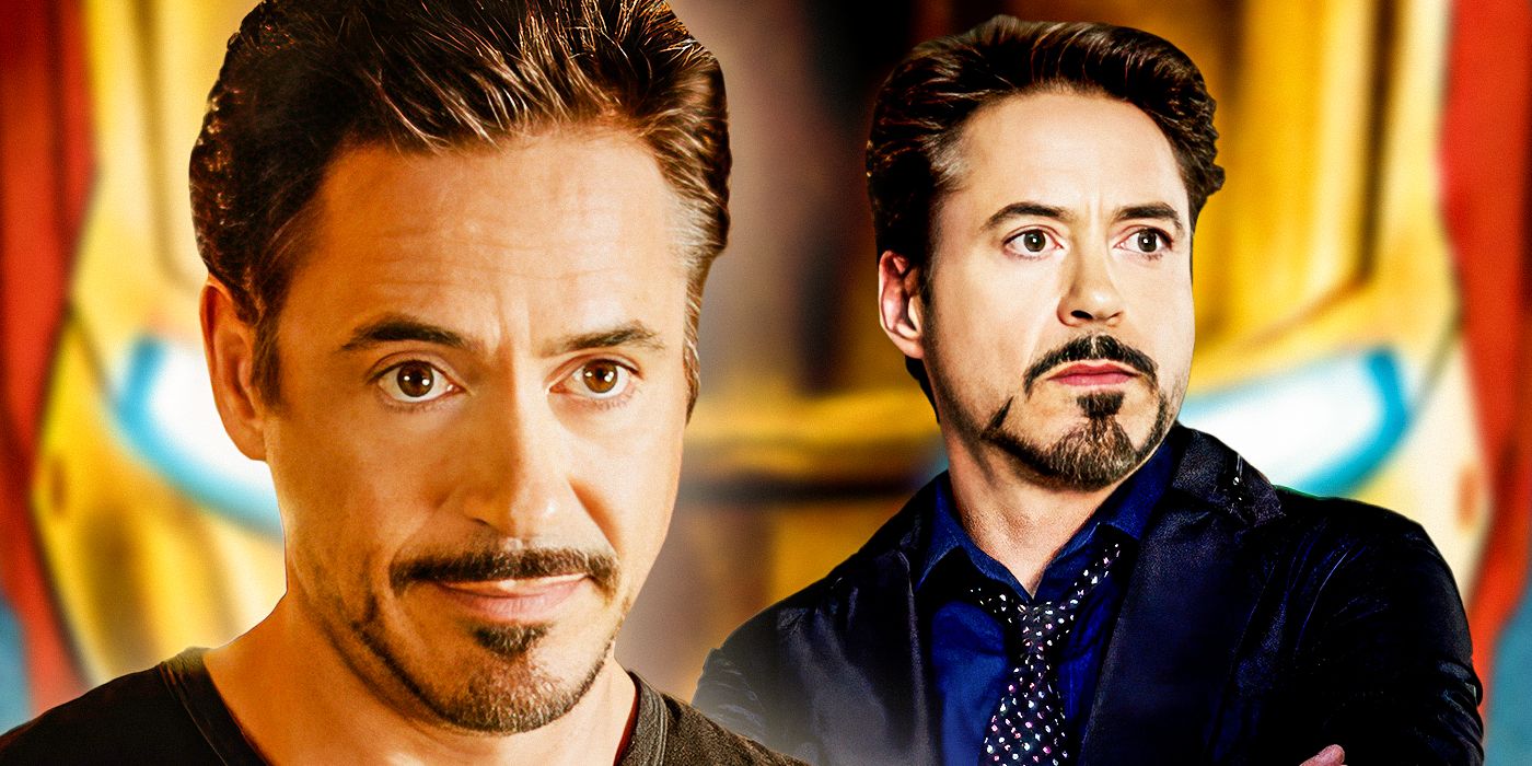 A split image featuring Robert Downey Jr. looking serious as Tony Stark/Iron Man in the Iron Man trilogy