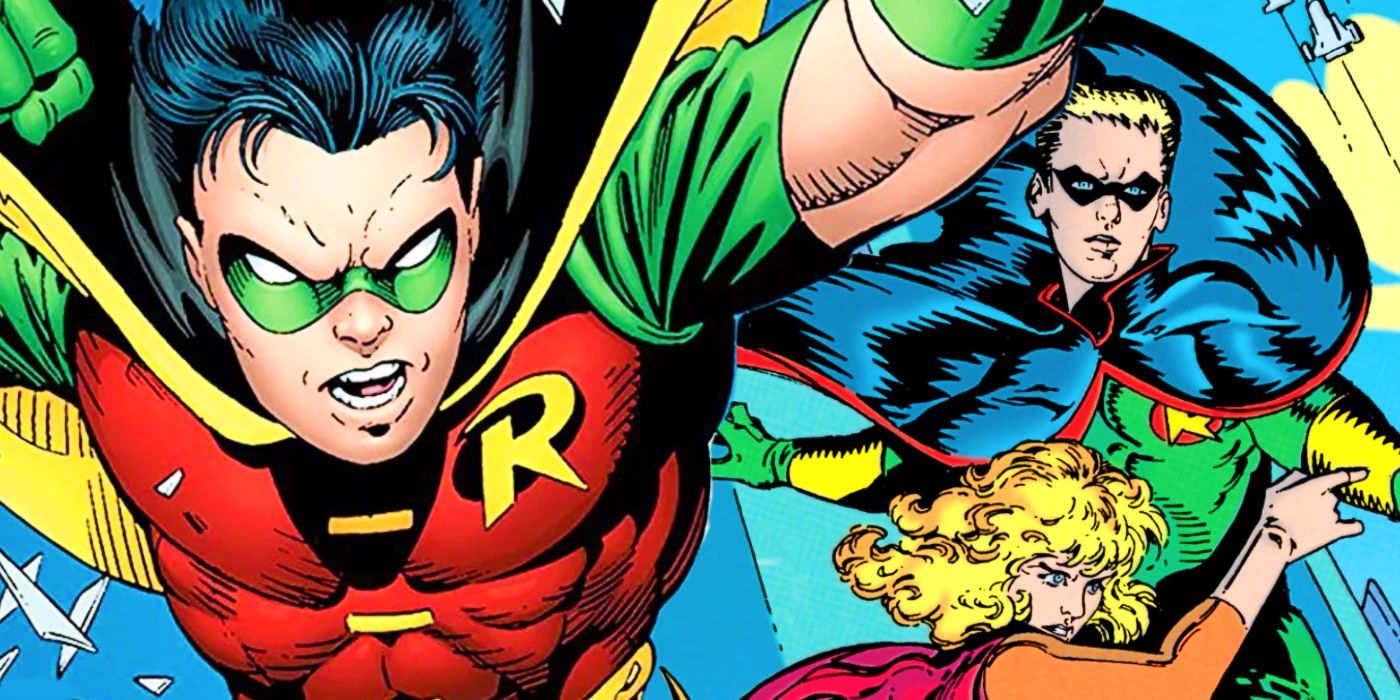 Tim Drake&rsquo;s Robin jumping and Robin 3000 standing next to him