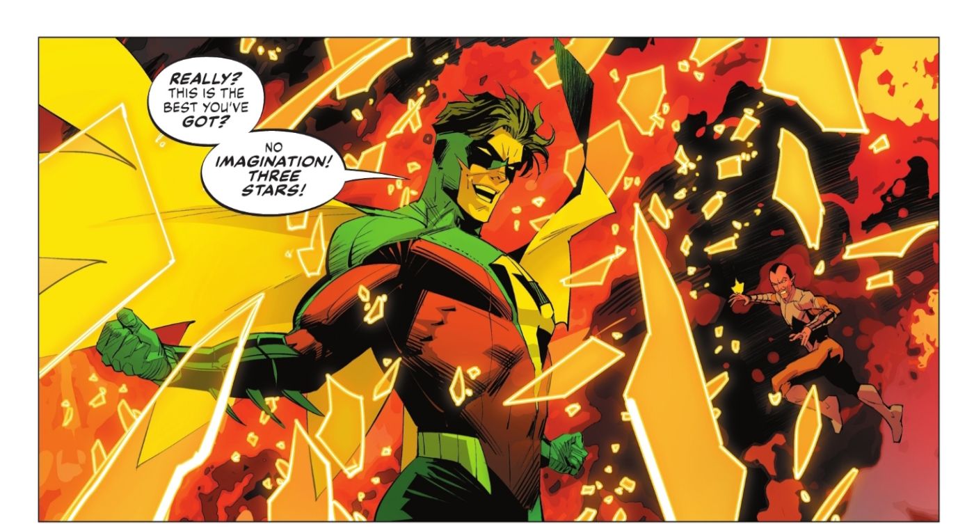 Robin destrói facilmente as construções de Sinestro com seu novo poder
