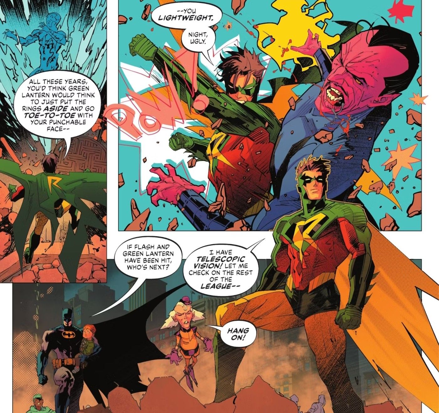 Painéis de quadrinhos: Robin com uma fantasia nova vence Sinestro.