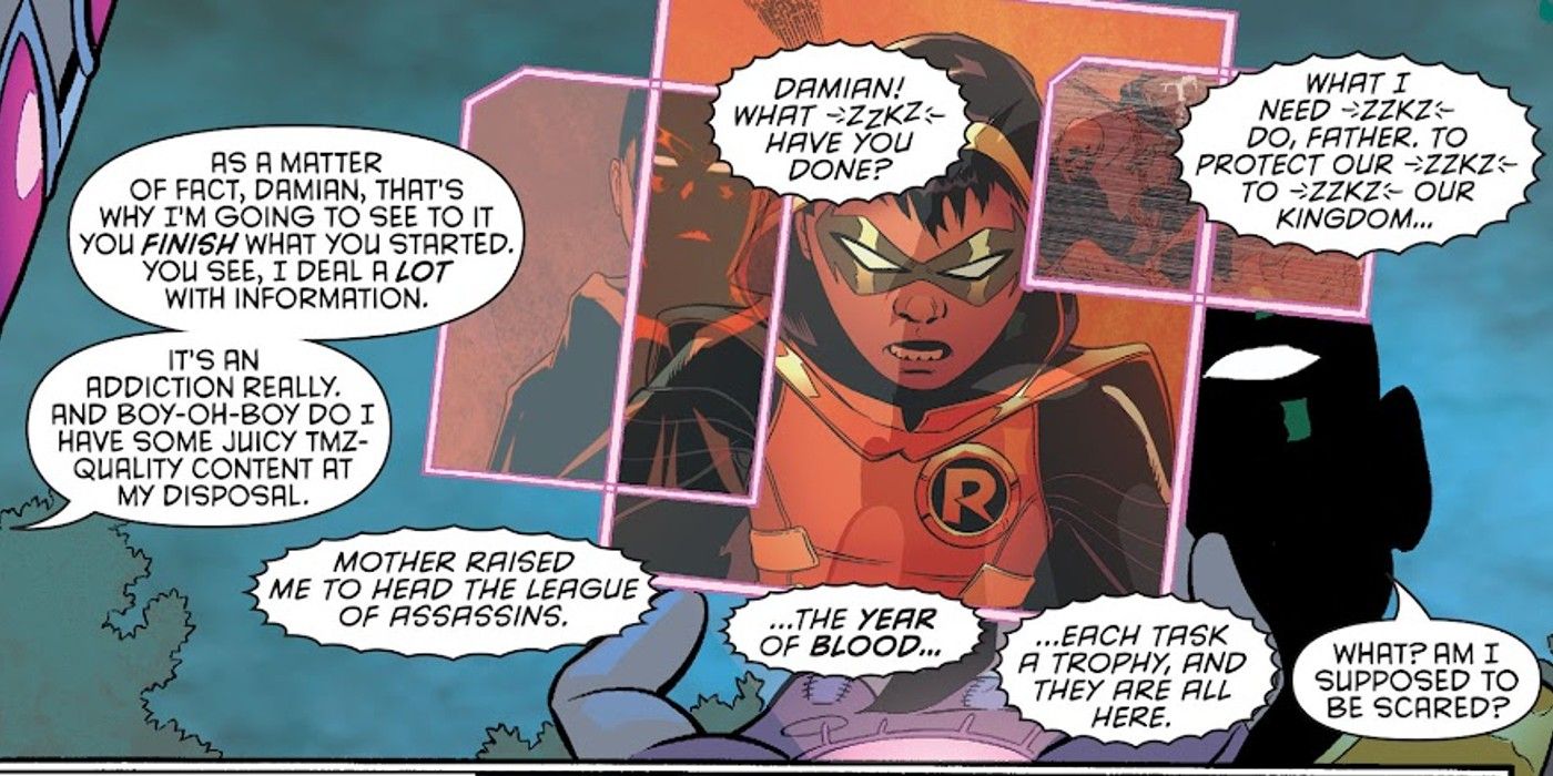 Painel de quadrinhos: Robin Damian Wayne falando em uma telinha.