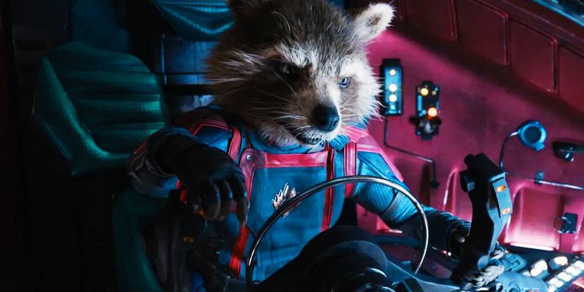 Rocket Raccoon piloting a ship in Guardians of the Galaxy Vol. 3