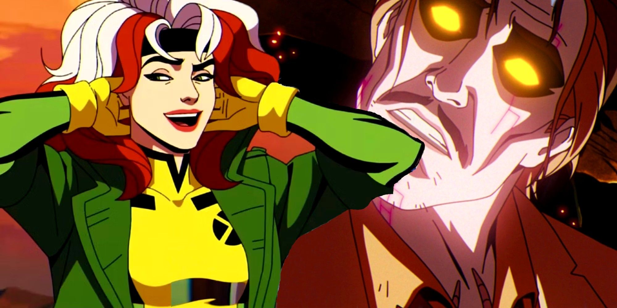 rogue in x-men 97 with her hands on her head in front of dead bolivar trask