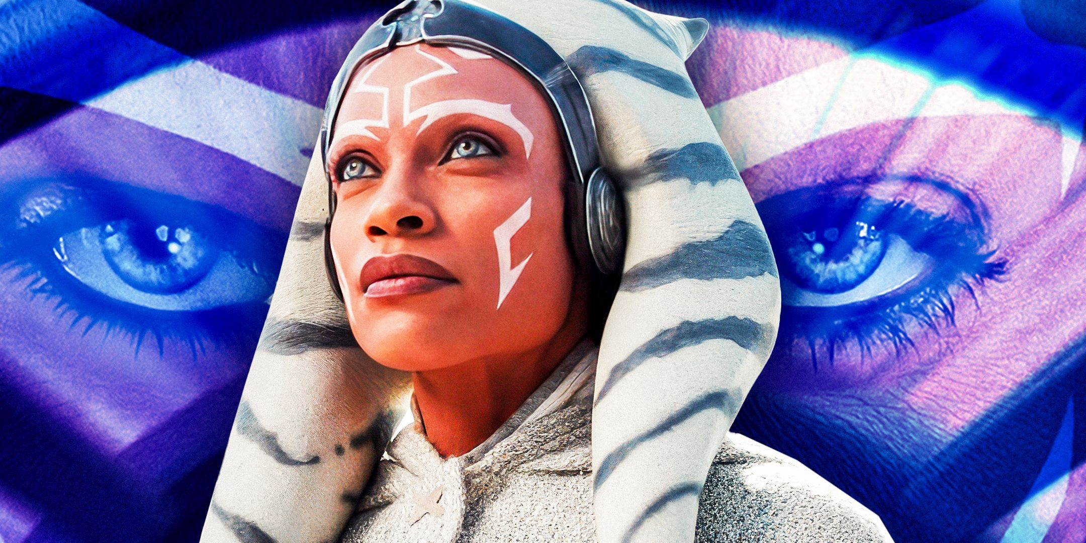 Ahsoka Tano as a Jedi Master in the foreground looking up with a close up of Ahsoka's eyes in the background