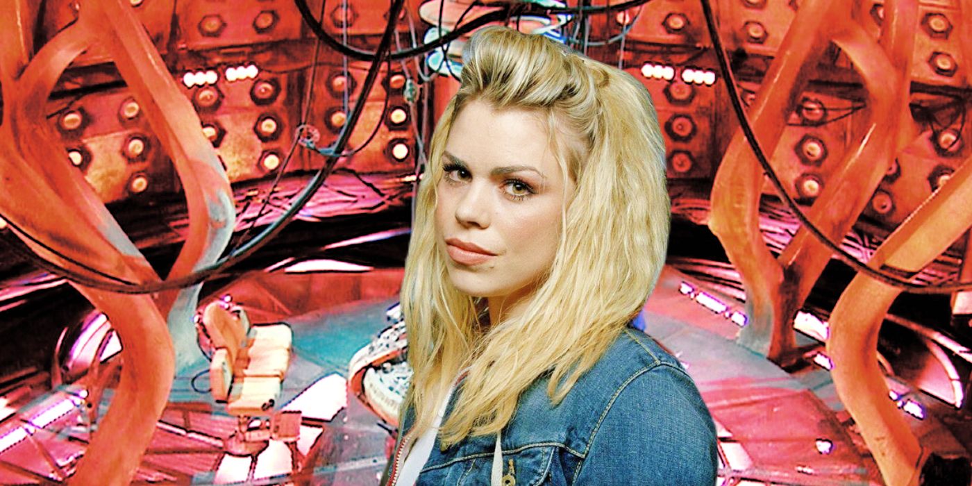 Rose Tyler against the interior of the TARDIS in Doctor Who