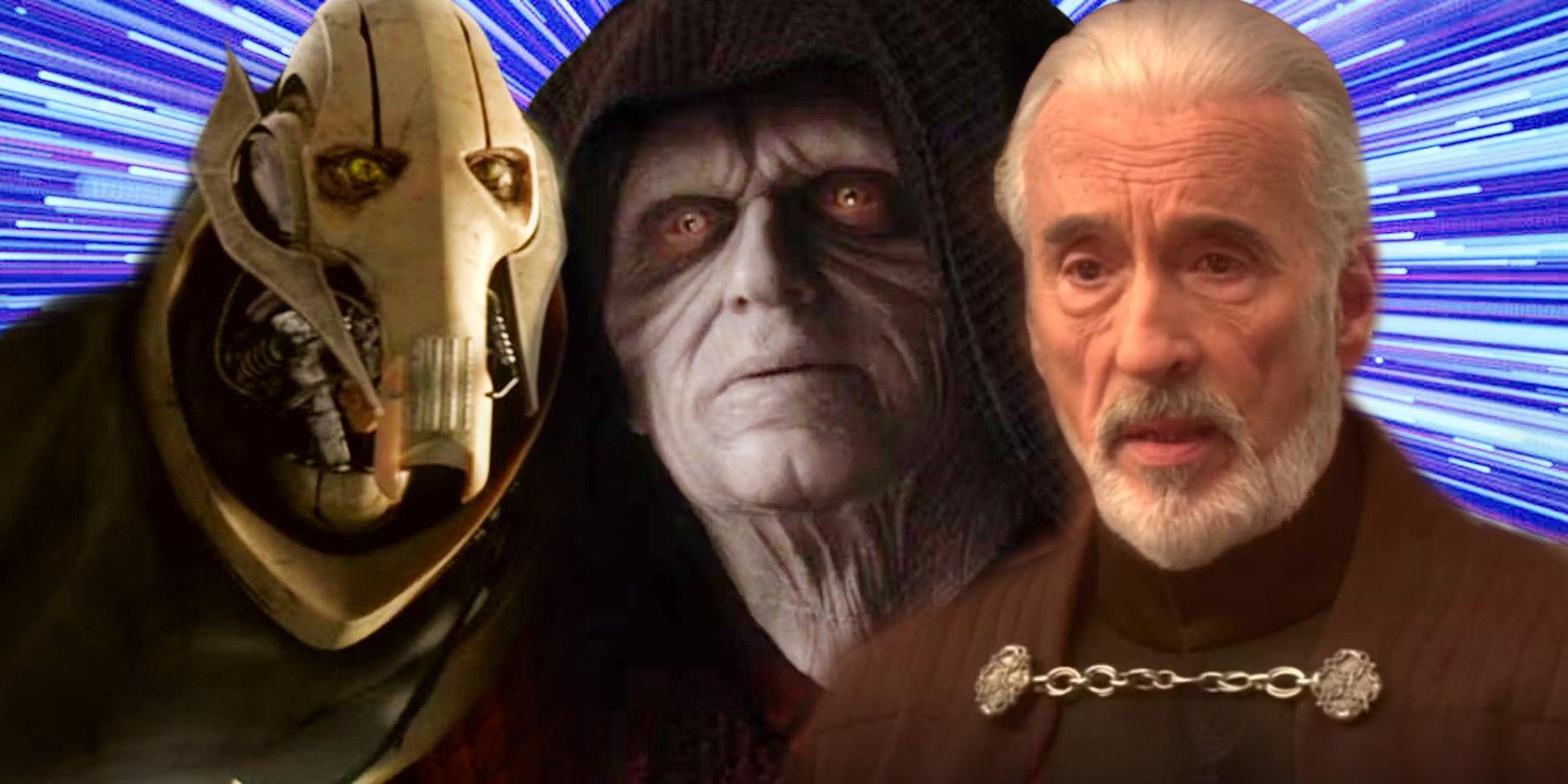 General Grievous, Darth Sidious, and Count Dooku in Star Wars: Episode III - Revenge of the Sith set against a blue hyperspace background
