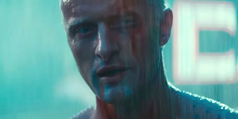Rutger Hauer as Roy Batty bleeds from a facial wound as he stands in the pouring rain in Blade Runner