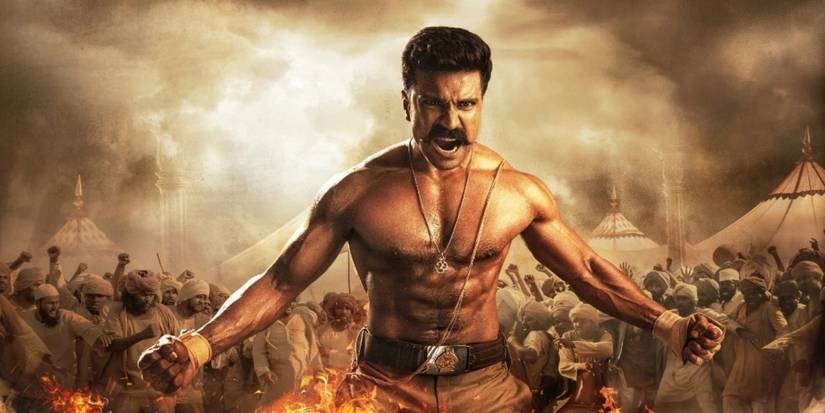 Ram Charan flexing shirtless on the poster for RRR