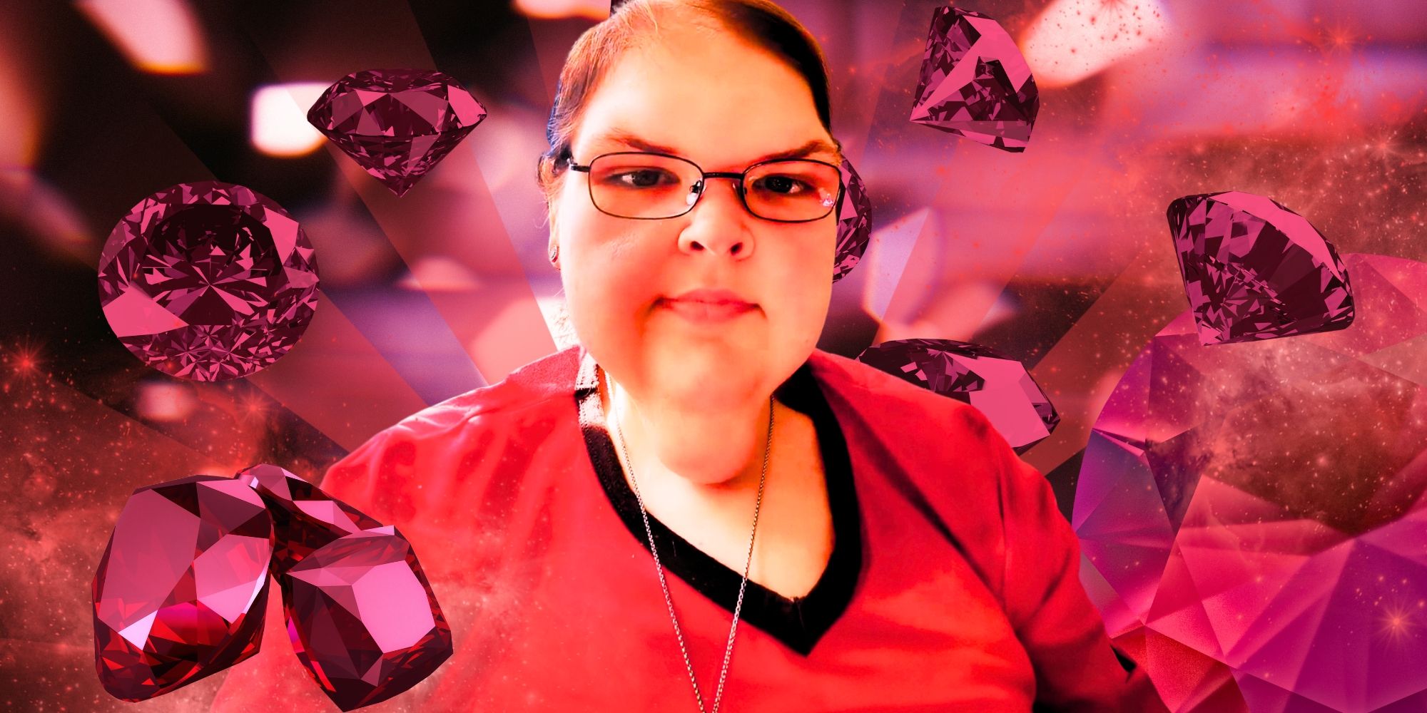 Tammy Slaton ruby montage 1000 lb sisters  red shirt and gemstones tammy looking happy