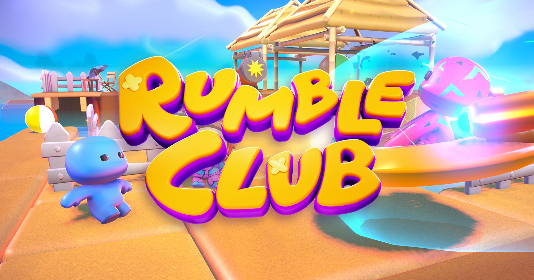 Rumble Club Logo in front of a player using a UFO gadget to attack another.