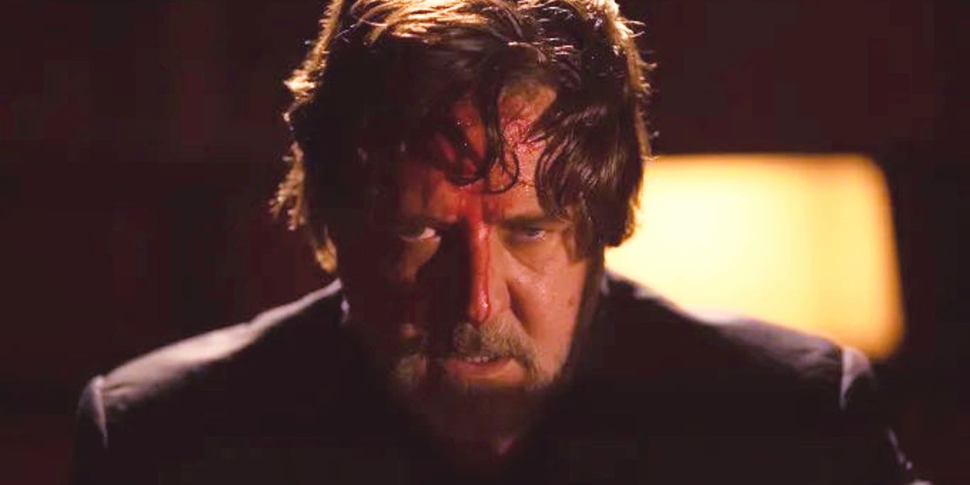 Russell Crowe with blood on his face in the exorcism