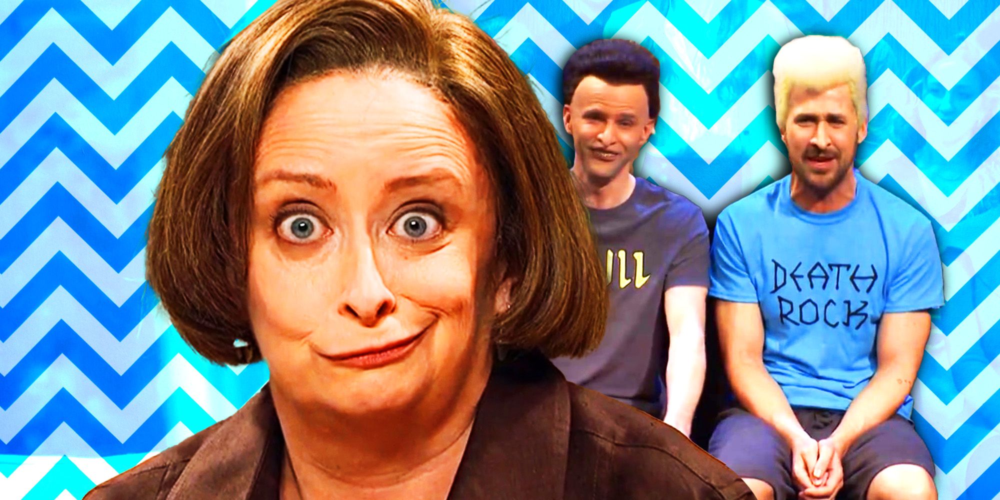A custom image of Rachel Dratch as Debbie Downer in front of Ryan Gosling and Mikey Day as Beavis and Butt-Head.